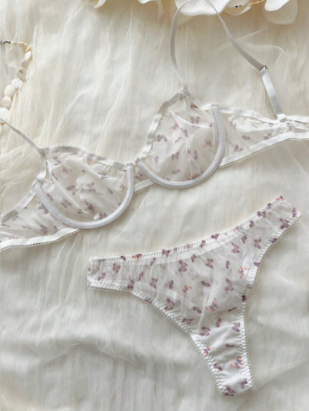 Temporada De Bodas: Conjunto De Sujetador Y Panty Con Forro Y Motivo Mariposas En Tul De Malla Transparente Y Push-up Para Mujer