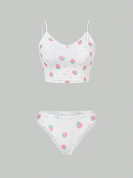 ROMWE Kawaii Conjunto De Sosten Y Panty Para Mujeres Con Detalles De Lunares, Fresa Y Encaje Sin Alambres
