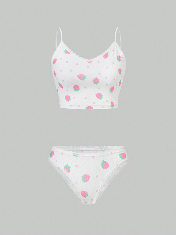 ROMWE Kawaii Conjunto De Sosten Y Panty Para Mujeres Con Detalles De Lunares, Fresa Y Encaje Sin Alambres
