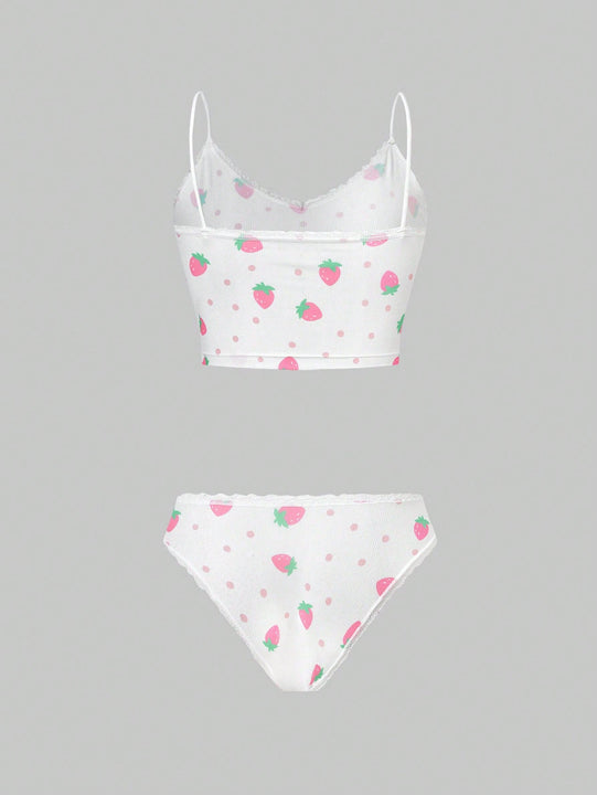 ROMWE Kawaii Conjunto De Sosten Y Panty Para Mujeres Con Detalles De Lunares, Fresa Y Encaje Sin Alambres