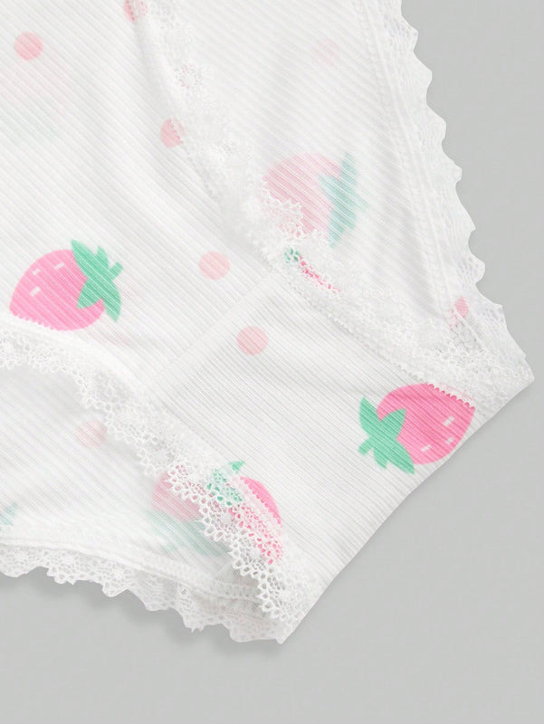 ROMWE Kawaii Conjunto De Sosten Y Panty Para Mujeres Con Detalles De Lunares, Fresa Y Encaje Sin Alambres