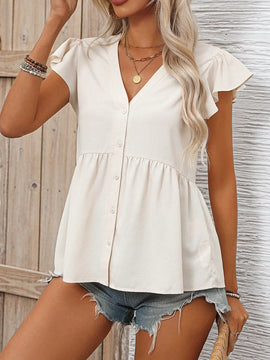 VCAY Camisa Solida Con Cuello En V, Mangas Anchas Y Sin Hombros