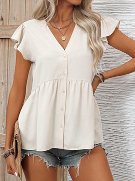 VCAY Camisa Solida Con Cuello En V, Mangas Anchas Y Sin Hombros