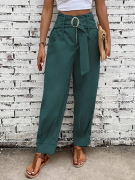 EMERY ROSE Pantalones Con Detalle De Nudo En La Cintura Alta En Color Solido Para Mujer Con Bolsillos