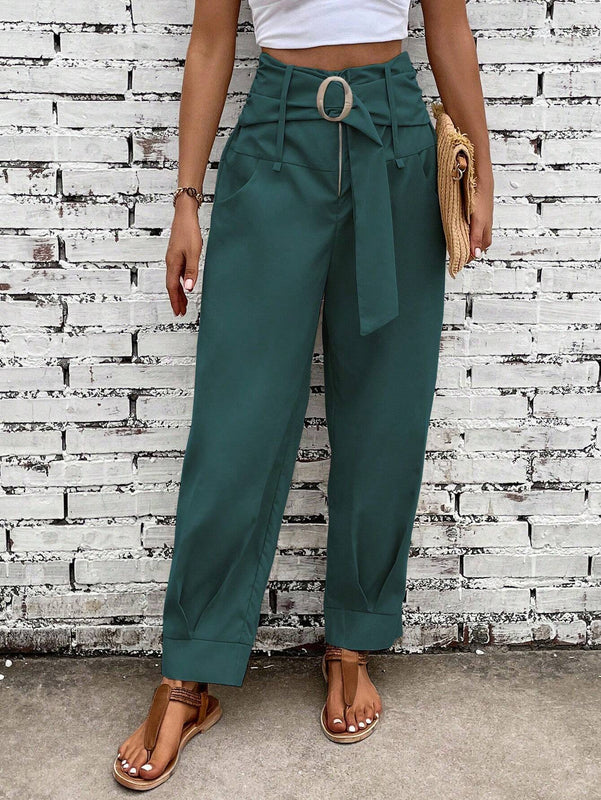 EMERY ROSE Pantalones Con Detalle De Nudo En La Cintura Alta En Color Solido Para Mujer Con Bolsillos