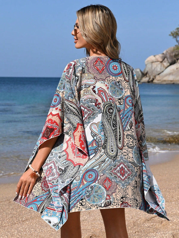VCAY Camisa Estilo Resort Con Impresion De Paisley, Corte Holgado Con Abertura Lateral, Estilo Bohemio
