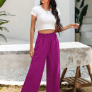 Essnce pantalones casuales sueltos de pierna ancha con bolsillos y cintura fruncida de unicolor para mujeres