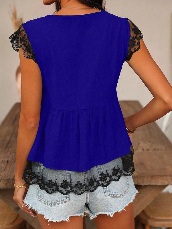 LUNE Blusa Con Cuello En V De Encaje De Parches Con Dobladillo De Hoja De Loto