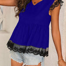 LUNE Blusa Con Cuello En V De Encaje De Parches Con Dobladillo De Hoja De Loto