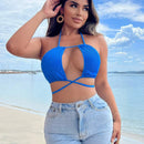 Top Corto Azul Para Playa En Vacaciones De Verano, Con Nudo Y Cuerda