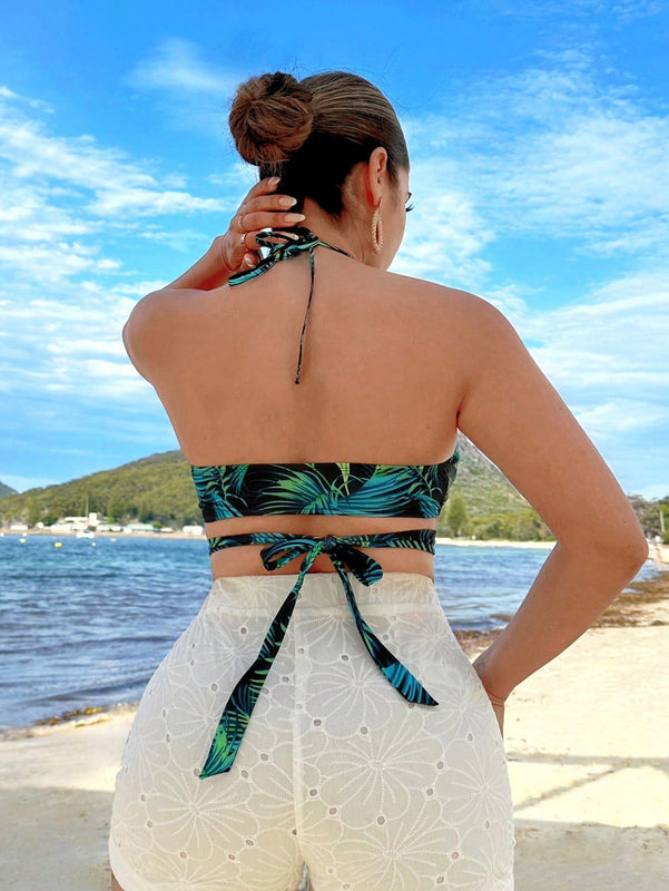 Top De Bikini Corto Con Estampado Floral, Ideal Para Vacaciones En La Playa De Verano