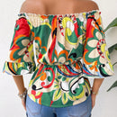 LUNE Blusa Corta De Manga Corta Y Hombros Descubiertos Con Estampado