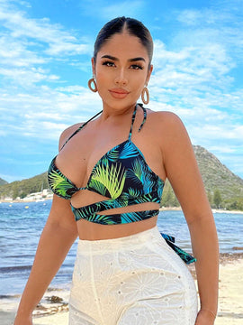 Top De Bikini Corto Con Estampado Floral, Ideal Para Vacaciones En La Playa De Verano