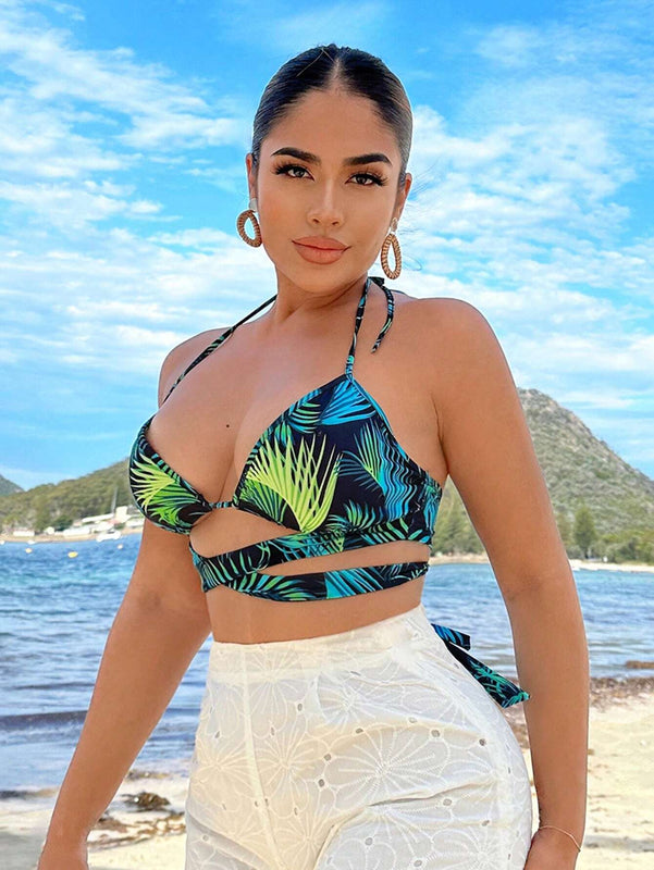 Top De Bikini Corto Con Estampado Floral, Ideal Para Vacaciones En La Playa De Verano