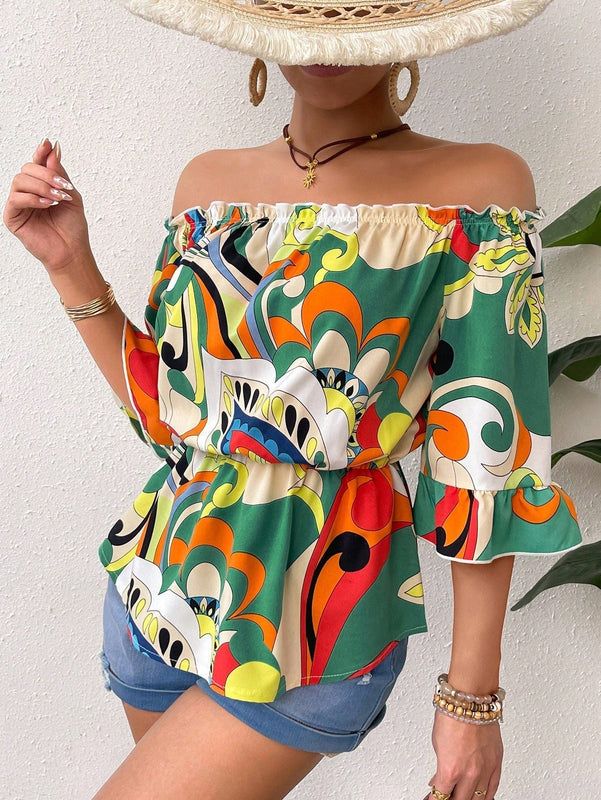 LUNE Blusa Corta De Manga Corta Y Hombros Descubiertos Con Estampado