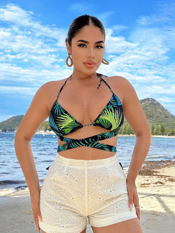 Top De Bikini Corto Con Estampado Floral, Ideal Para Vacaciones En La Playa De Verano