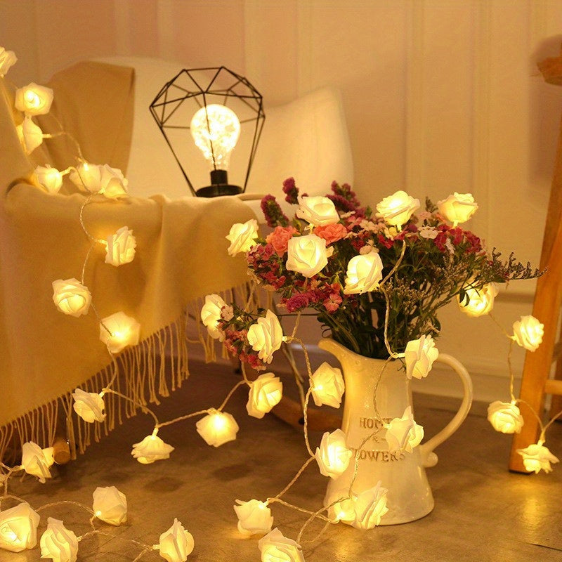 1 pza. Cadena de luces LED con forma de rosa, alimentada por dos pilas AA (pilas no incluidas), luz decorativa para paisajes, bodas y fiestas.