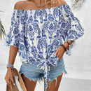 LUNE Blusa De Manga Acampanada Con Diseno De Hombros Descubiertos Y Estampado De Plantas Para Mujer