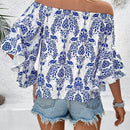 LUNE Blusa De Manga Acampanada Con Diseno De Hombros Descubiertos Y Estampado De Plantas Para Mujer