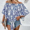 LUNE Blusa De Manga Acampanada Con Diseno De Hombros Descubiertos Y Estampado De Plantas Para Mujer