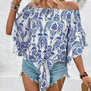 LUNE Blusa De Manga Acampanada Con Diseno De Hombros Descubiertos Y Estampado De Plantas Para Mujer