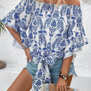 LUNE Blusa De Manga Acampanada Con Diseno De Hombros Descubiertos Y Estampado De Plantas Para Mujer