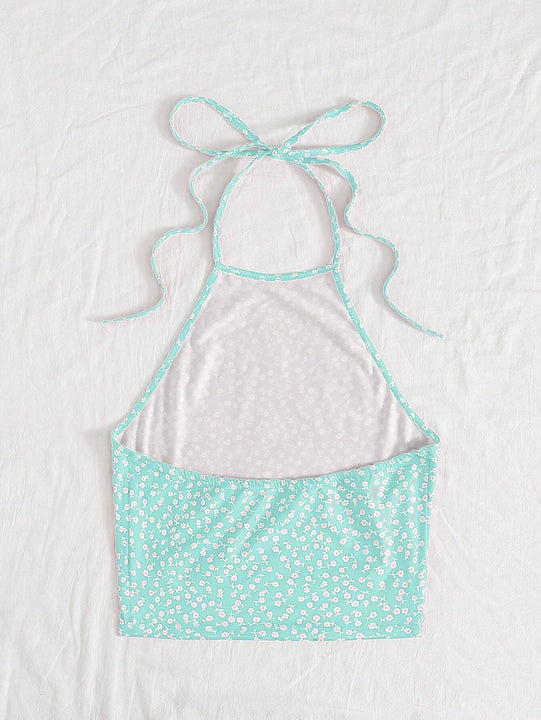 WYWH Pequena Camiseta Sin Espalda Con Cuello Halter Y Estampado Floral