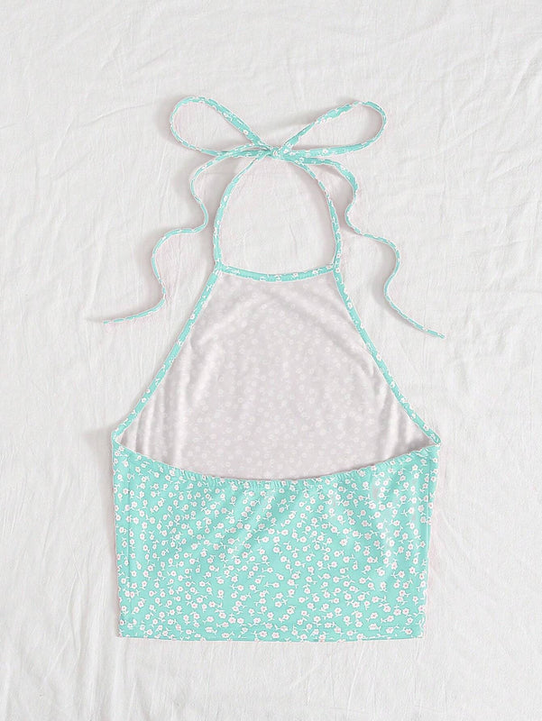 WYWH Pequena Camiseta Sin Espalda Con Cuello Halter Y Estampado Floral