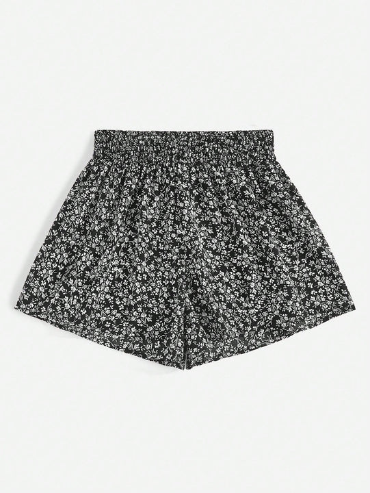 WYWH Pantalones Cortos Con Dobladillo Con Volantes Y Cintura Elastica Con Estampado Floral Para Mujer