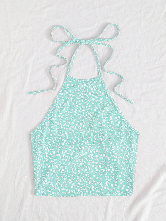 WYWH Pequena Camiseta Sin Espalda Con Cuello Halter Y Estampado Floral