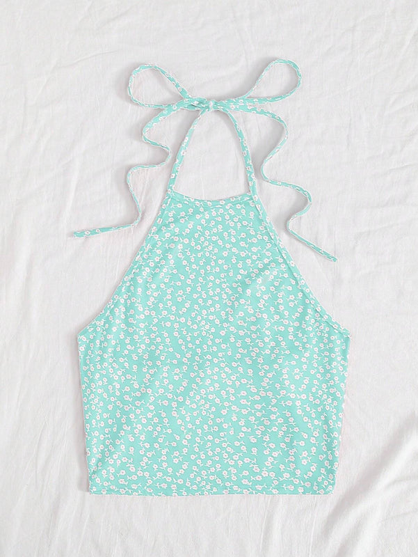 WYWH Pequena Camiseta Sin Espalda Con Cuello Halter Y Estampado Floral