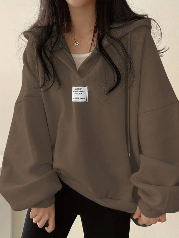 Ezwear sudadera con capucha de manga larga informal con estampado de letra, hombros caidos y cordon, para otono