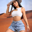SXY Pantalones Cortos De Mezclilla Con Multiples Capas De Flecos