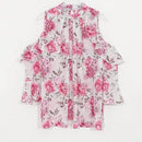 DAZY Blusa casual holgada plisada con cuello abierto y hombros descubiertos con diseno de flores