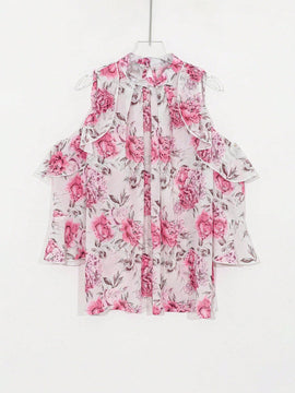 DAZY Blusa casual holgada plisada con cuello abierto y hombros descubiertos con diseno de flores