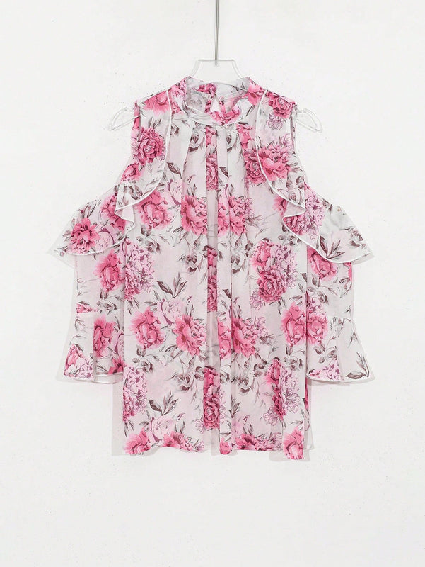 DAZY Blusa casual holgada plisada con cuello abierto y hombros descubiertos con diseno de flores