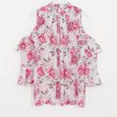 DAZY Blusa casual holgada plisada con cuello abierto y hombros descubiertos con diseno de flores