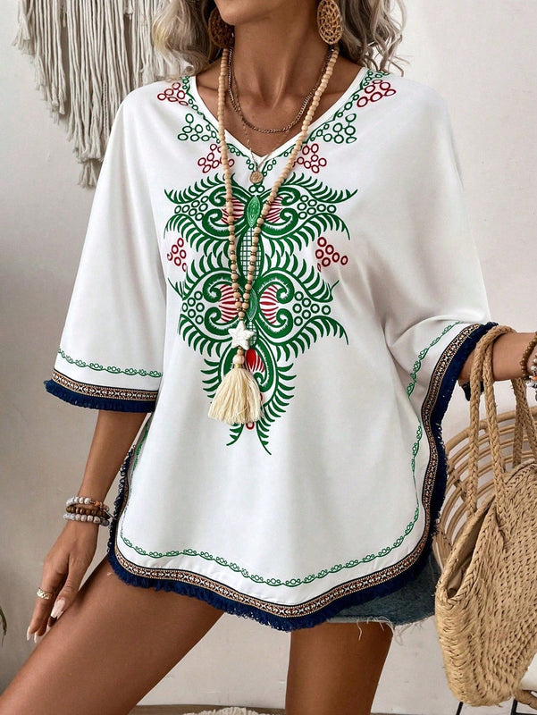 VCAY Blusa Con Cuello En V Y Decoracion De Flecos Con Estampado Local Para Mujer