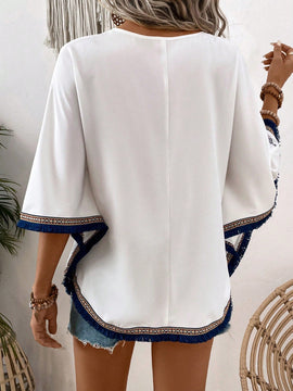 VCAY Blusa Con Cuello En V Y Decoracion De Flecos Con Estampado Local Para Mujer