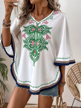 VCAY Blusa Con Cuello En V Y Decoracion De Flecos Con Estampado Local Para Mujer