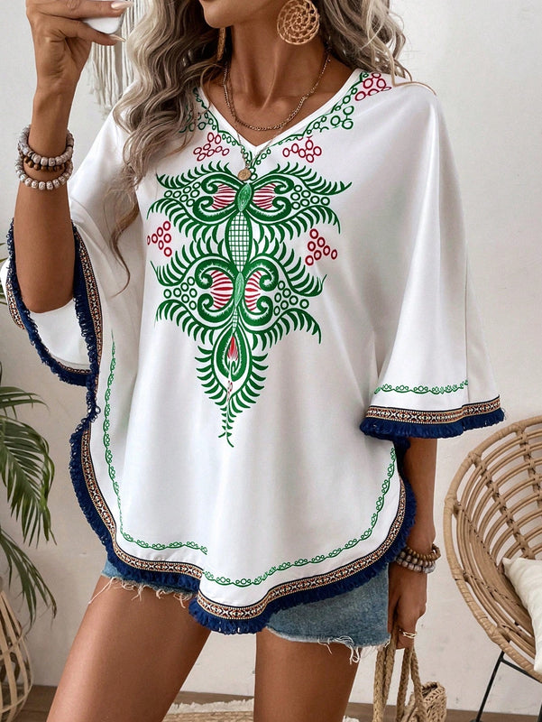 VCAY Blusa Con Cuello En V Y Decoracion De Flecos Con Estampado Local Para Mujer