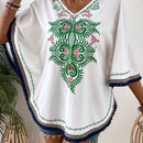VCAY Blusa Con Cuello En V Y Decoracion De Flecos Con Estampado Local Para Mujer