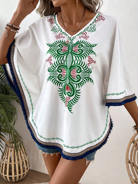 VCAY Blusa Con Cuello En V Y Decoracion De Flecos Con Estampado Local Para Mujer