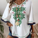 VCAY Blusa Con Cuello En V Y Decoracion De Flecos Con Estampado Local Para Mujer