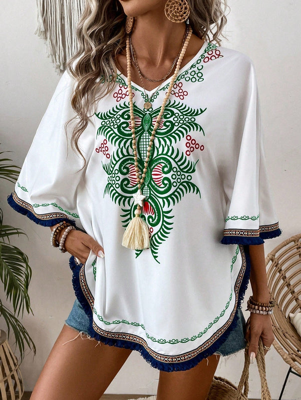 VCAY Blusa Con Cuello En V Y Decoracion De Flecos Con Estampado Local Para Mujer