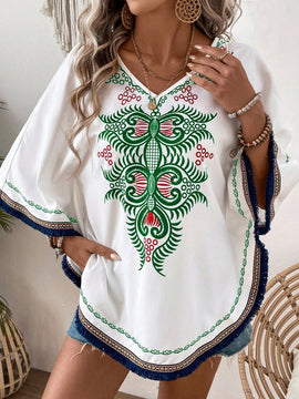 VCAY Blusa Con Cuello En V Y Decoracion De Flecos Con Estampado Local Para Mujer