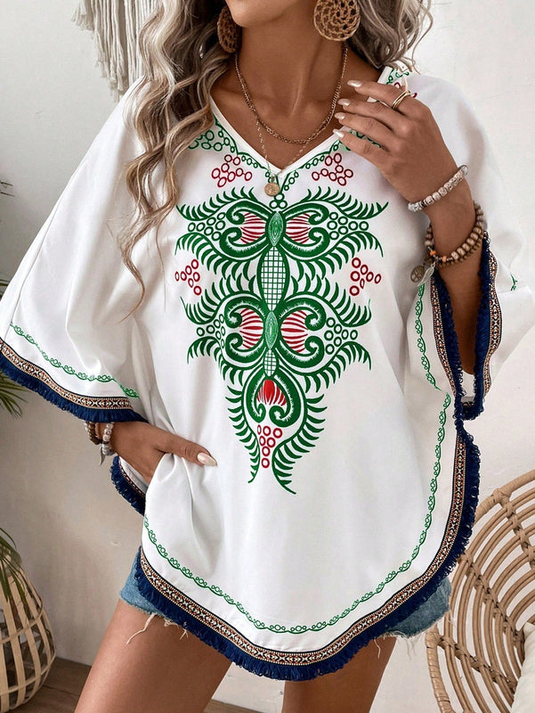 VCAY Blusa Con Cuello En V Y Decoracion De Flecos Con Estampado Local Para Mujer