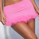 BAE Falda corta super corta de cintura baja para el verano con borde decorado de plumas rosadas, bonito conjunto de festival de musica en el campo y de calle