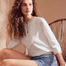 MOTF PREMIUM Blusa De Encaje De Panel De Cuello De Lazo Con Flecos De Lino Puro