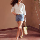 MOTF PREMIUM Blusa De Encaje De Panel De Cuello De Lazo Con Flecos De Lino Puro